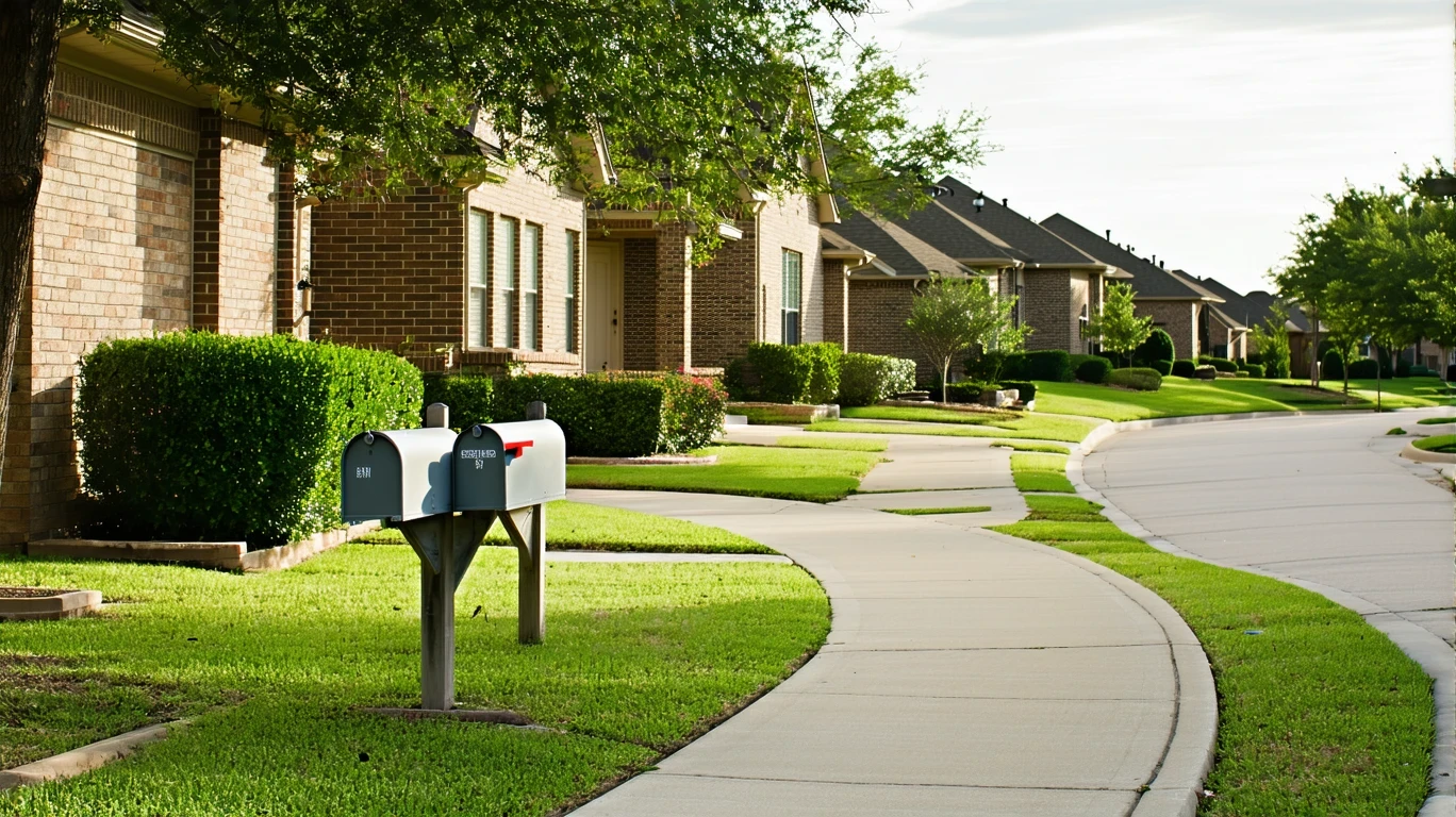 A sunny suburban sidewalk in Lewisville, TX lined with gray mailboxes in front of well-kept brick homes.