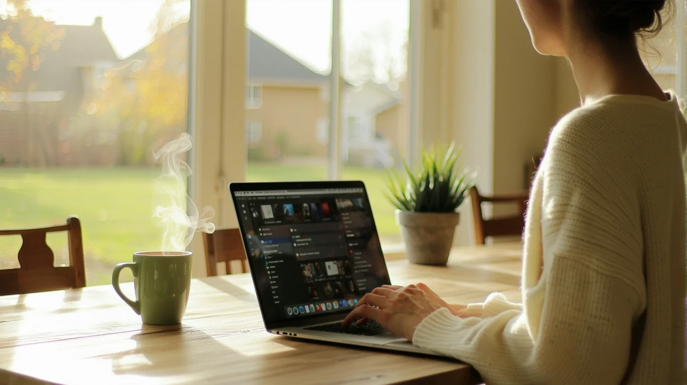 Person browsing streaming options on laptop in kitchen with coffee mug and morning light.
