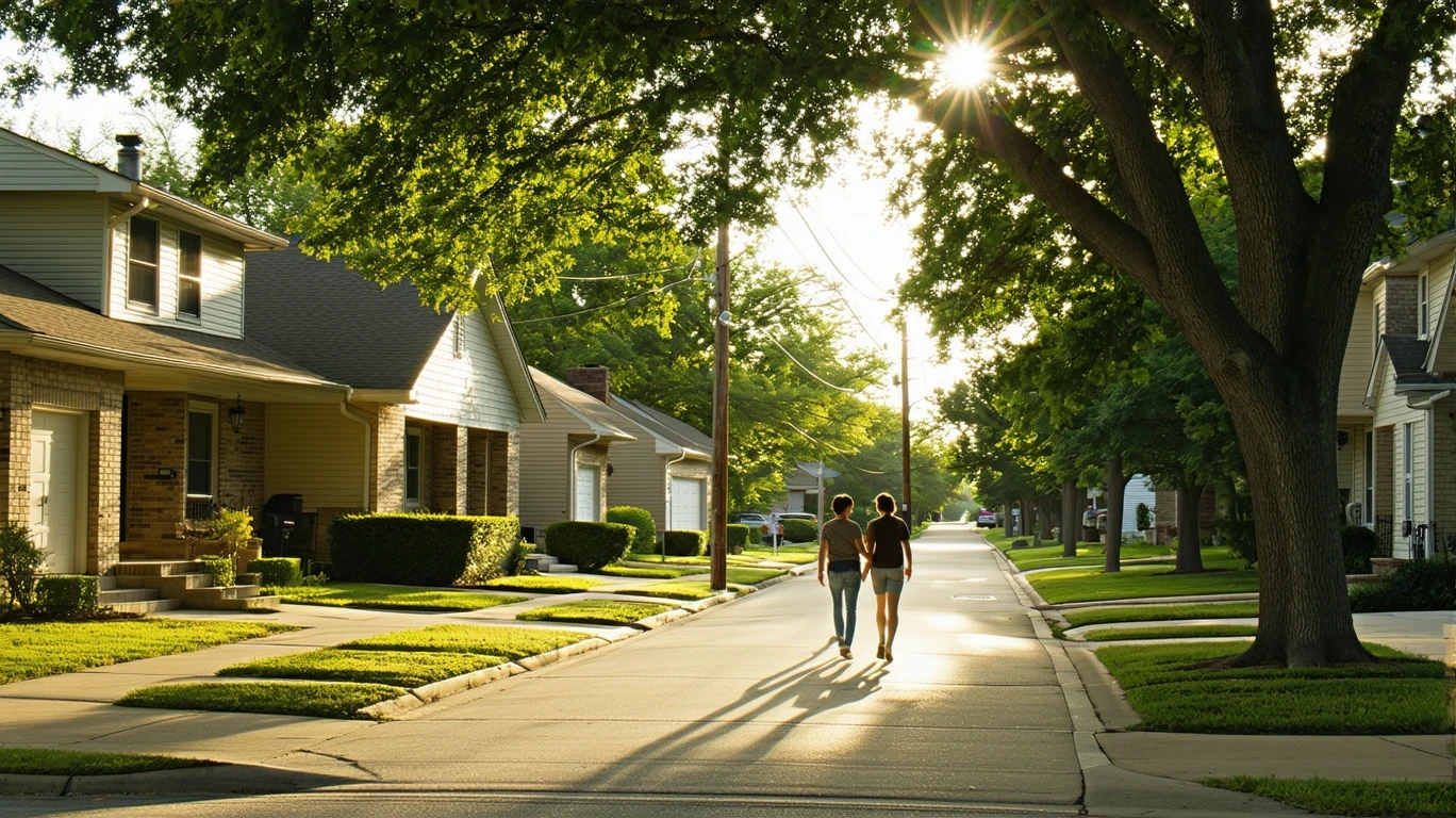 A sunlit suburban street in Little Elm, Texas with modest single-story homes, manicured lawns, and a young couple walking on the sidewalk.
