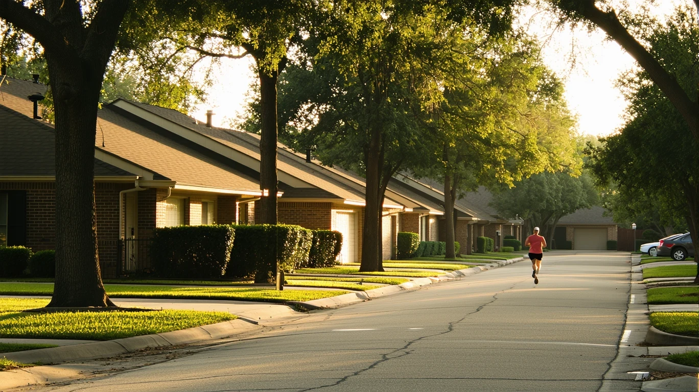 A residential street in Garland, Texas just after sunrise, with one-story brick homes, manicured lawns, mature trees, and a jogger in the distance.