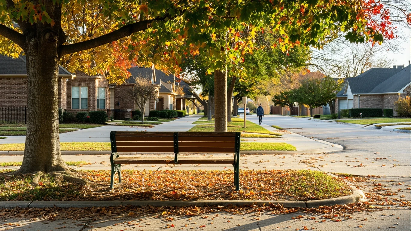 A wooden bench at a suburban bus stop in autumn, with fallen leaves on the ground and homes visible in the background.