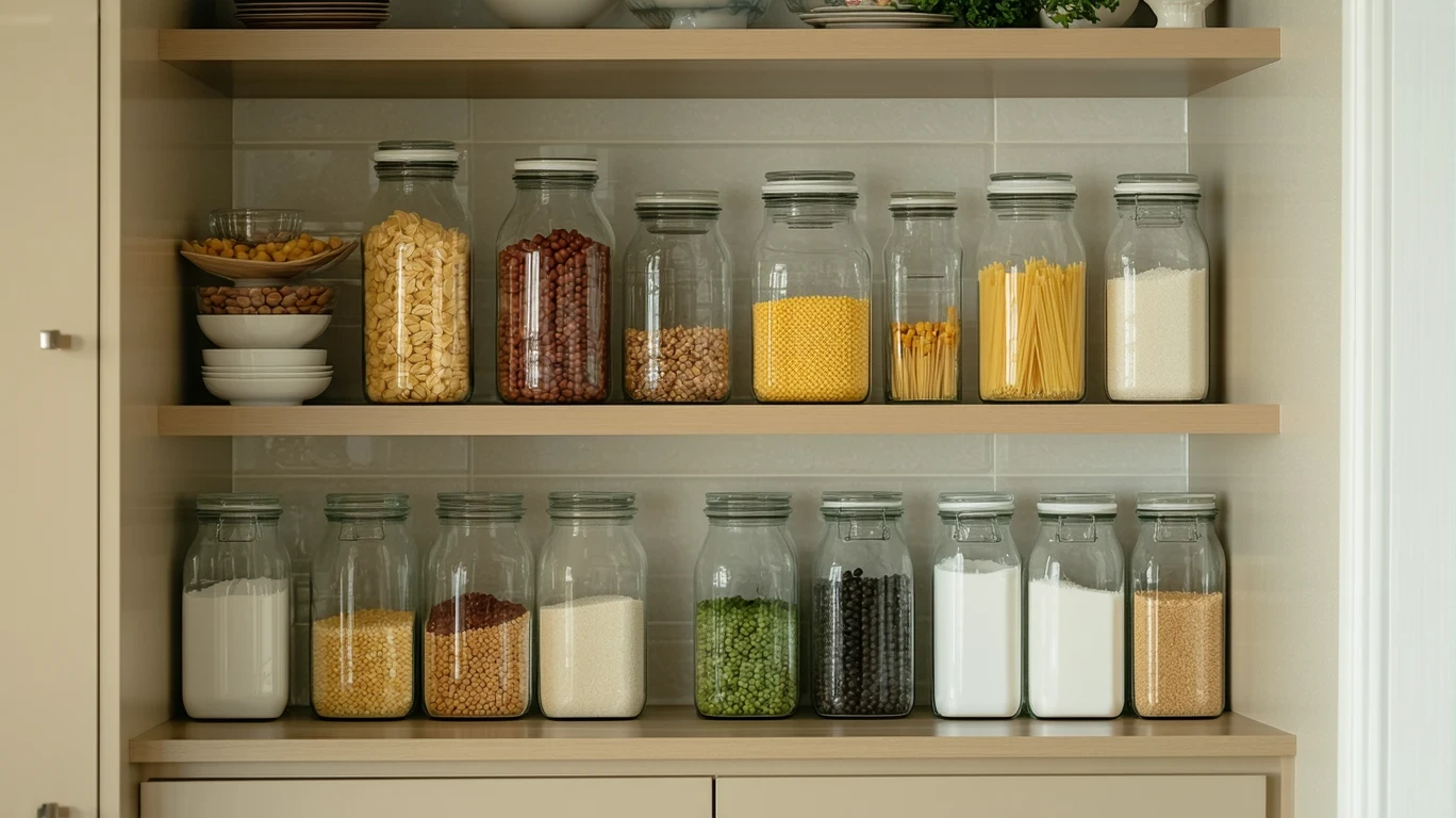 A tidy pantry shelf with glass jars of beans, pasta, and rice, lit by a kitchen window.