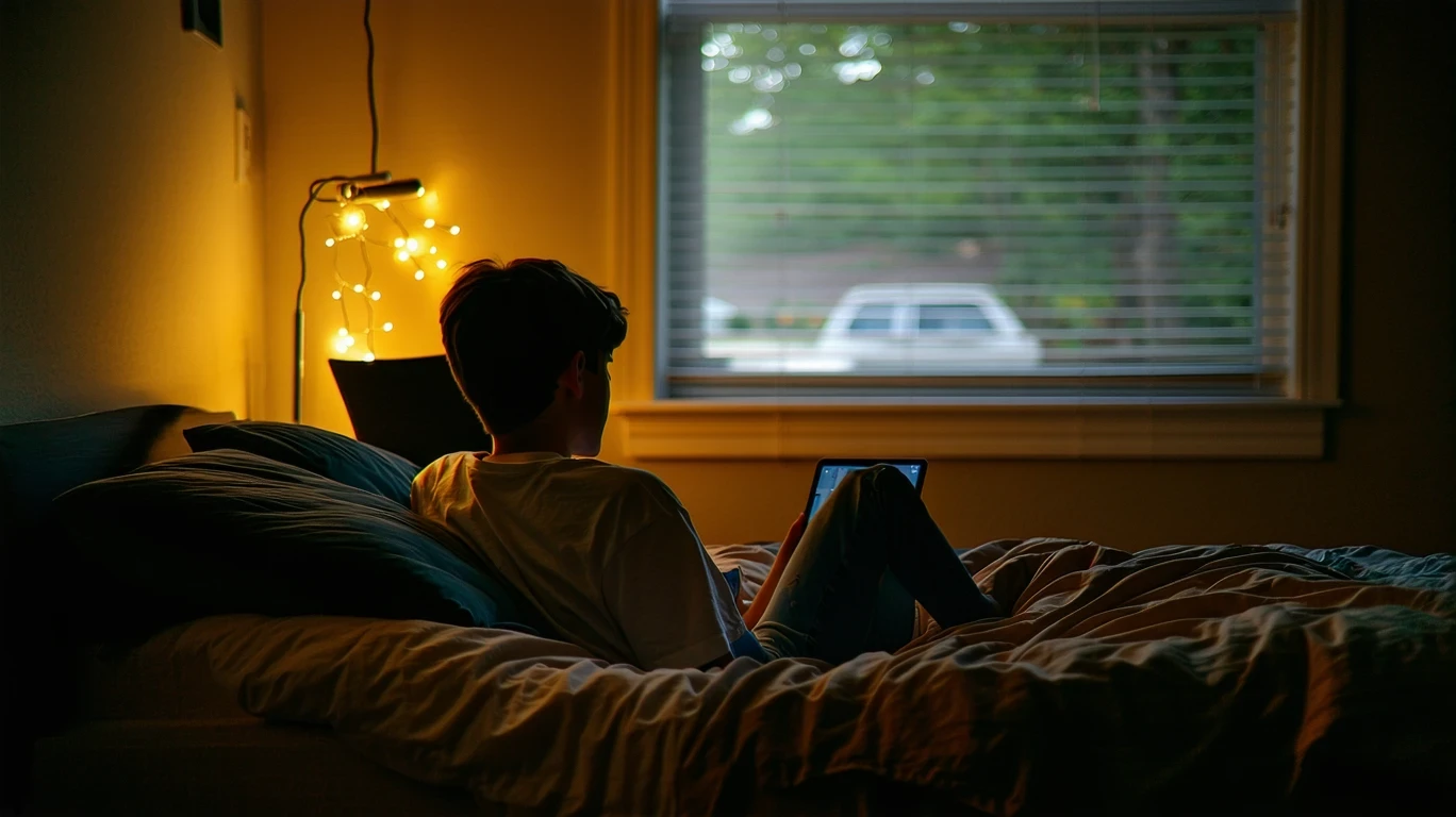 Teenager lounging on bed in bedroom, lit by tablet and ambient lights, with view of suburban street outside.