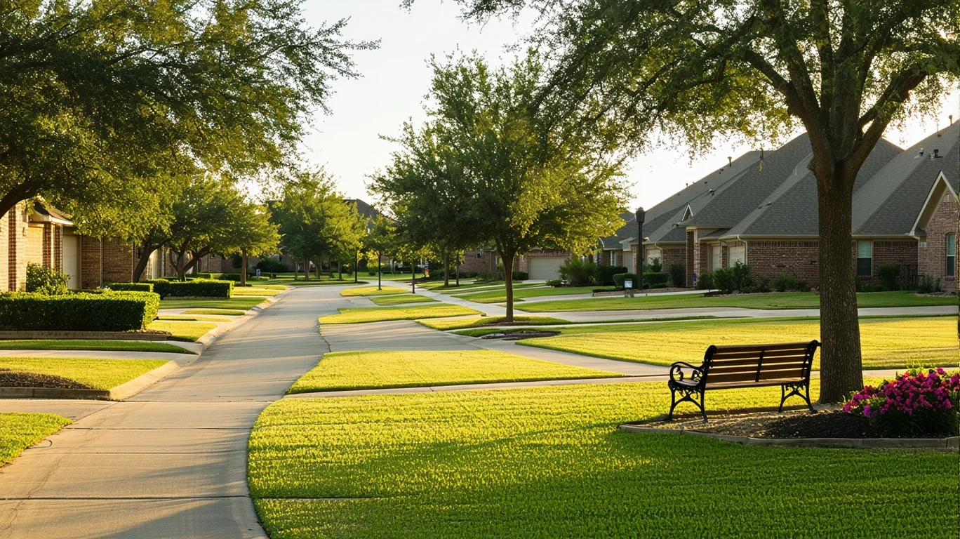 A neighborhood park in Little Elm, TX with a path, bench, and homes visible across the street on a sunny afternoon.