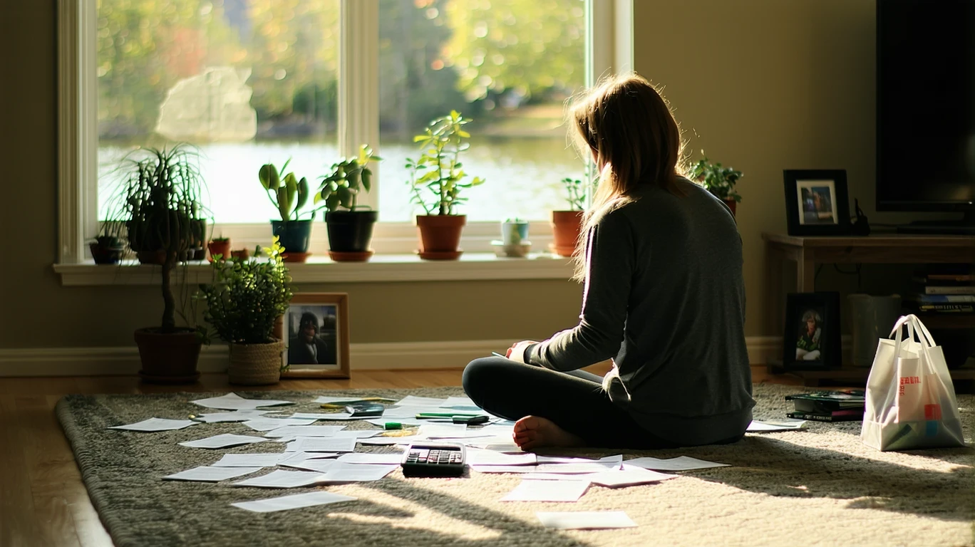 Person sitting on rug in apartment living room reviewing bills and receipts
