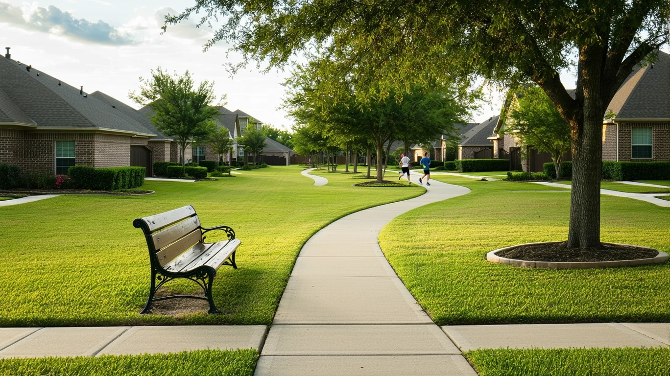 A peaceful view of a neighborhood park and homes in Little Elm, TX on a sunny day.