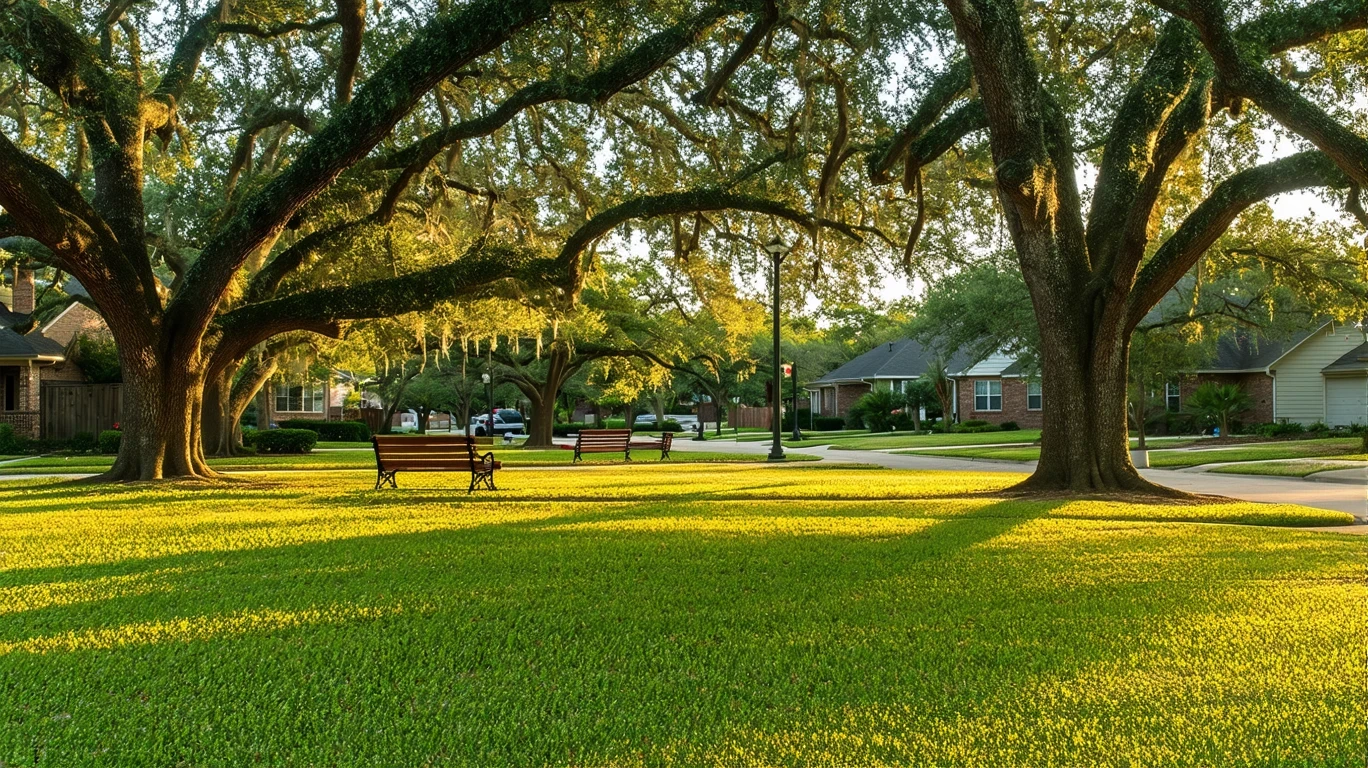 A quiet park lawn beneath old oak trees in Little Elm, TX, with empty benches and golden-hour light.