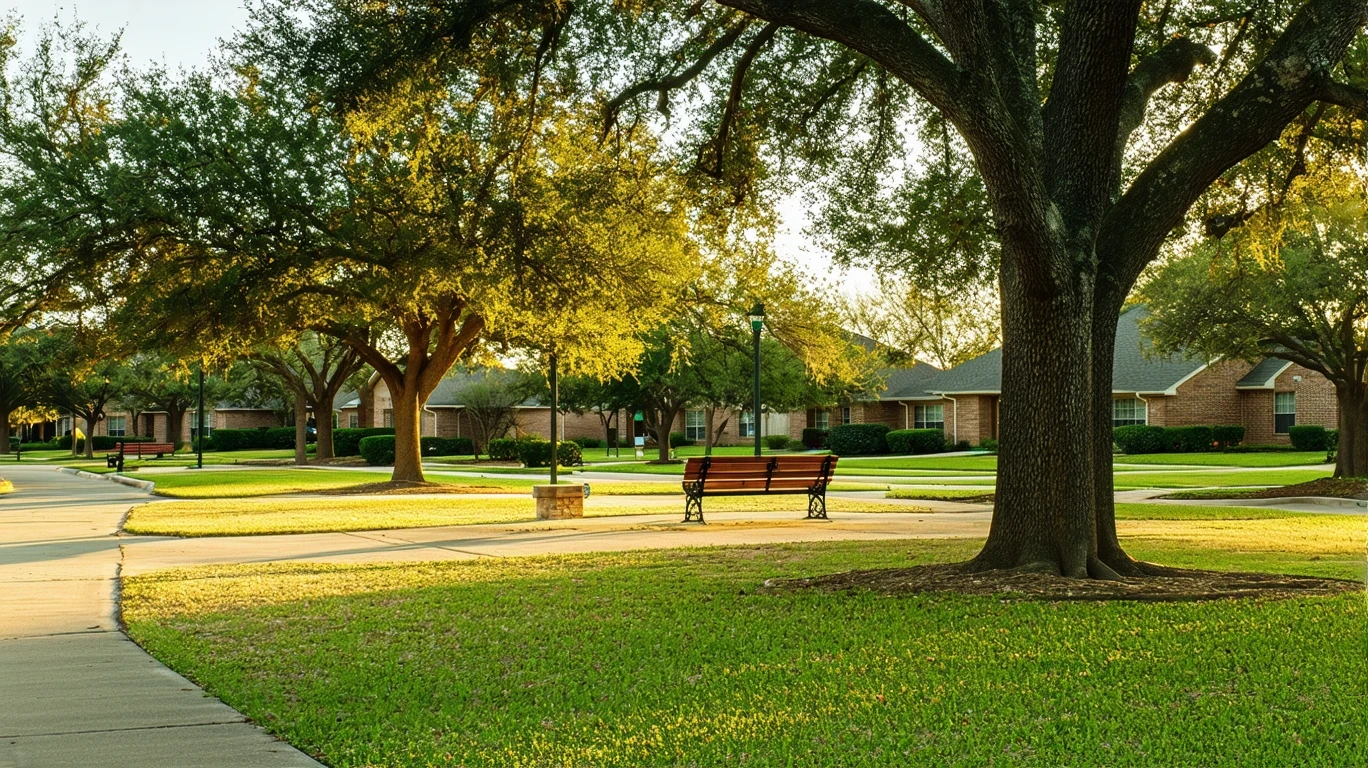 A peaceful park in Little Elm, TX with empty benches under oak trees and golden late afternoon light.