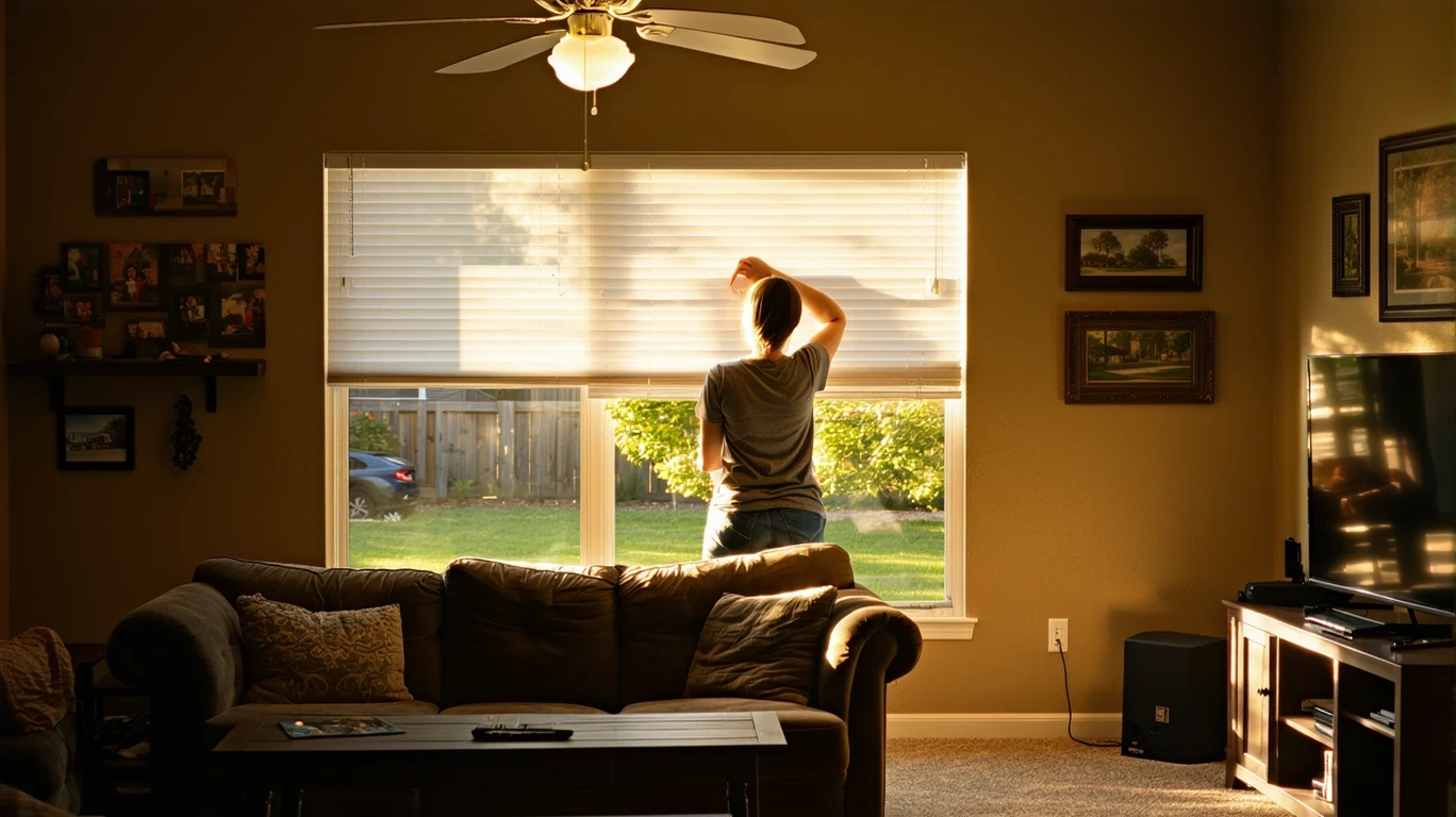 Person adjusting blinds in a tidy living room with a ceiling fan spinning overhead.