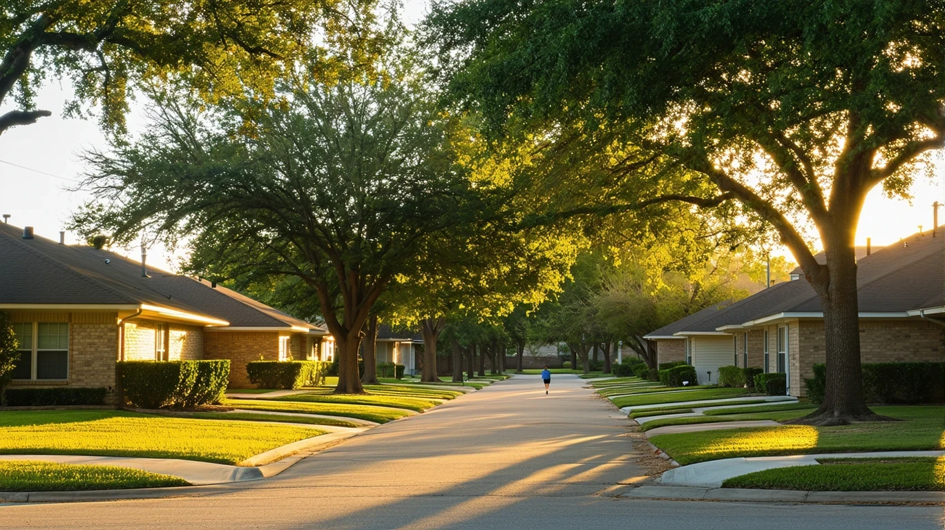 A tree-lined residential street in Little Elm, Texas with one-story homes in the early morning light.