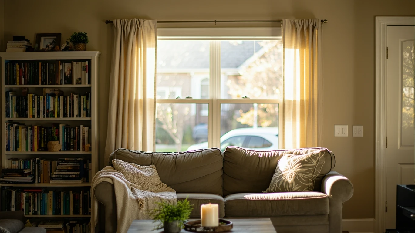 A small, tidy living room in a suburban home, with soft light filtering through sheer curtains onto a couch and bookshelf.