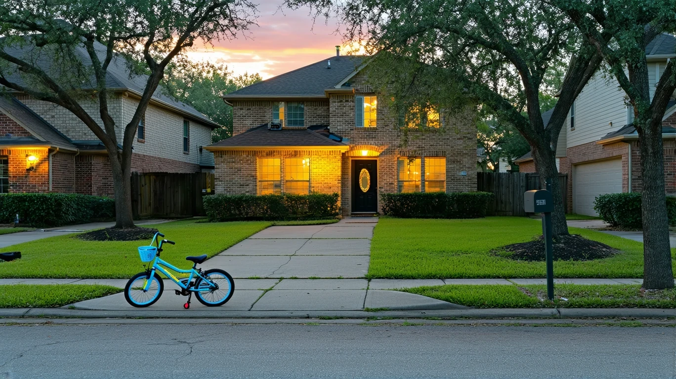 A quiet suburban cul-de-sac in Little Elm, TX at dusk, with a child's bicycle lying near the curb and porch lights flickering on.