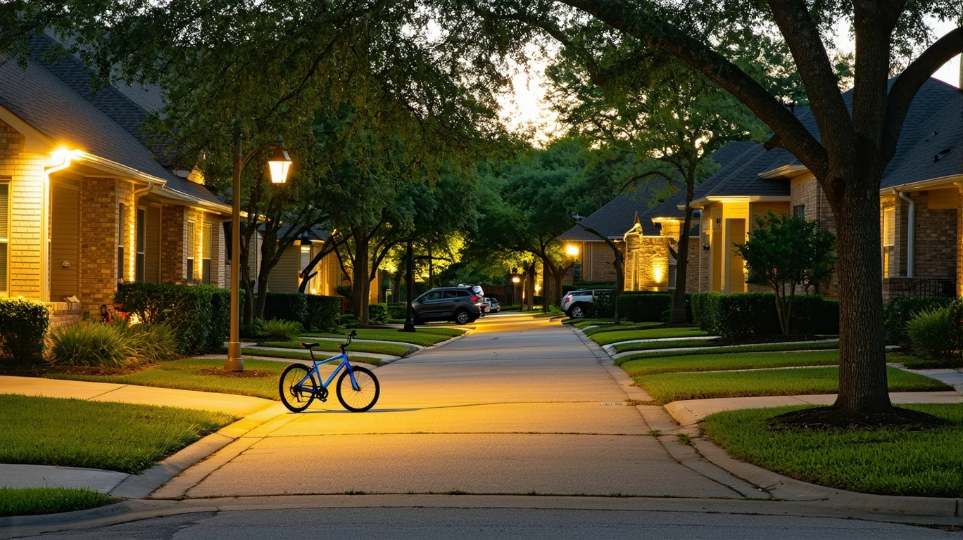 A quiet cul-de-sac in a suburban neighborhood at dusk, with porch lights illuminating well-kept homes and a child's bicycle lying near the curb.