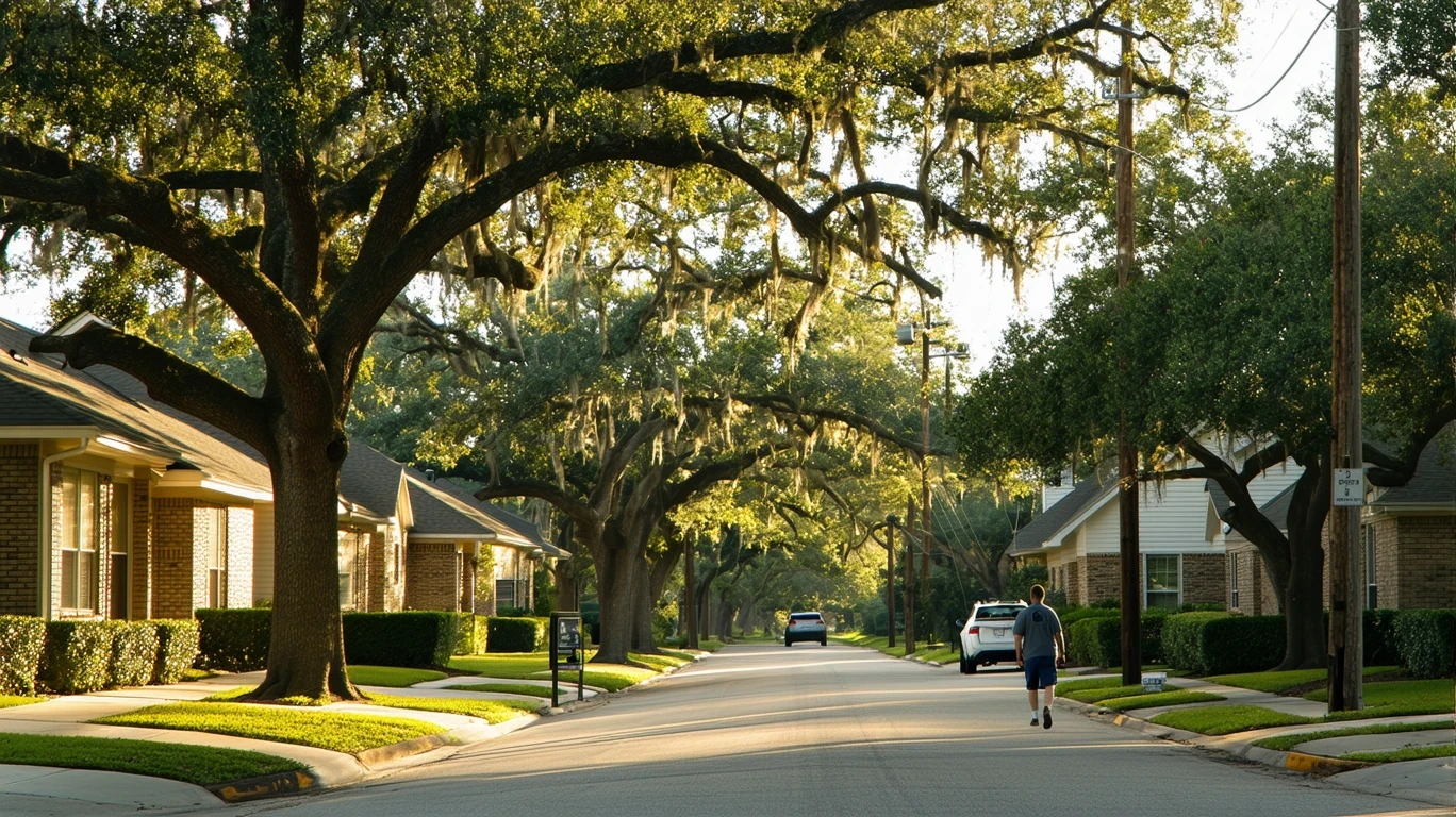 A sunlit residential street in Live Oak, TX with maple trees and telephone wires overhead.