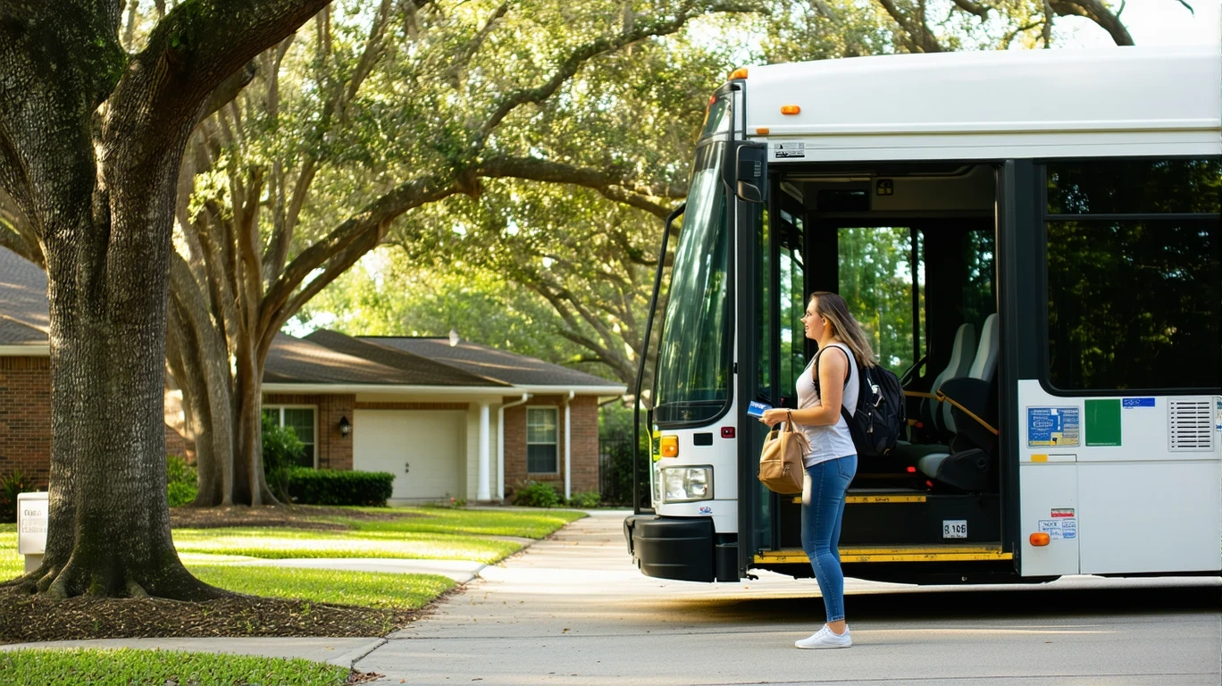A woman boarding a regional shuttle bus in a suburban Texas neighborhood.