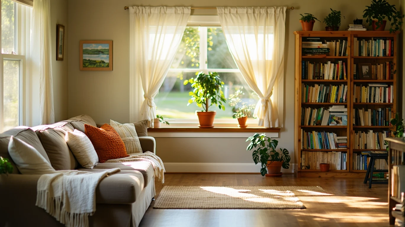 A small, cozy living room with a beige couch, bookshelf, and sheer curtains letting in soft light.