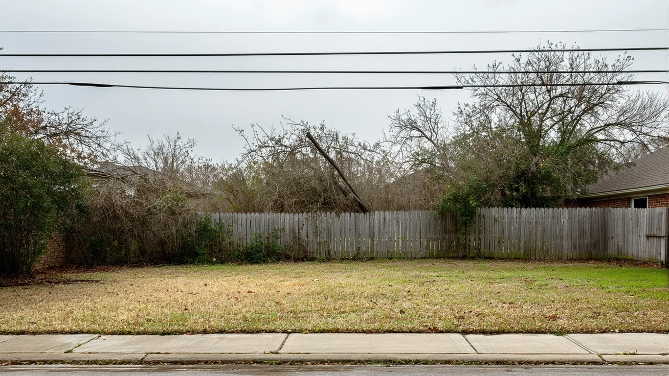 A neglected backyard with power lines overhead on a stormy day.