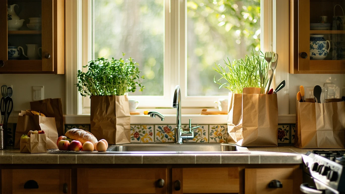 A person unpacking groceries on a kitchen counter in the afternoon sunlight.