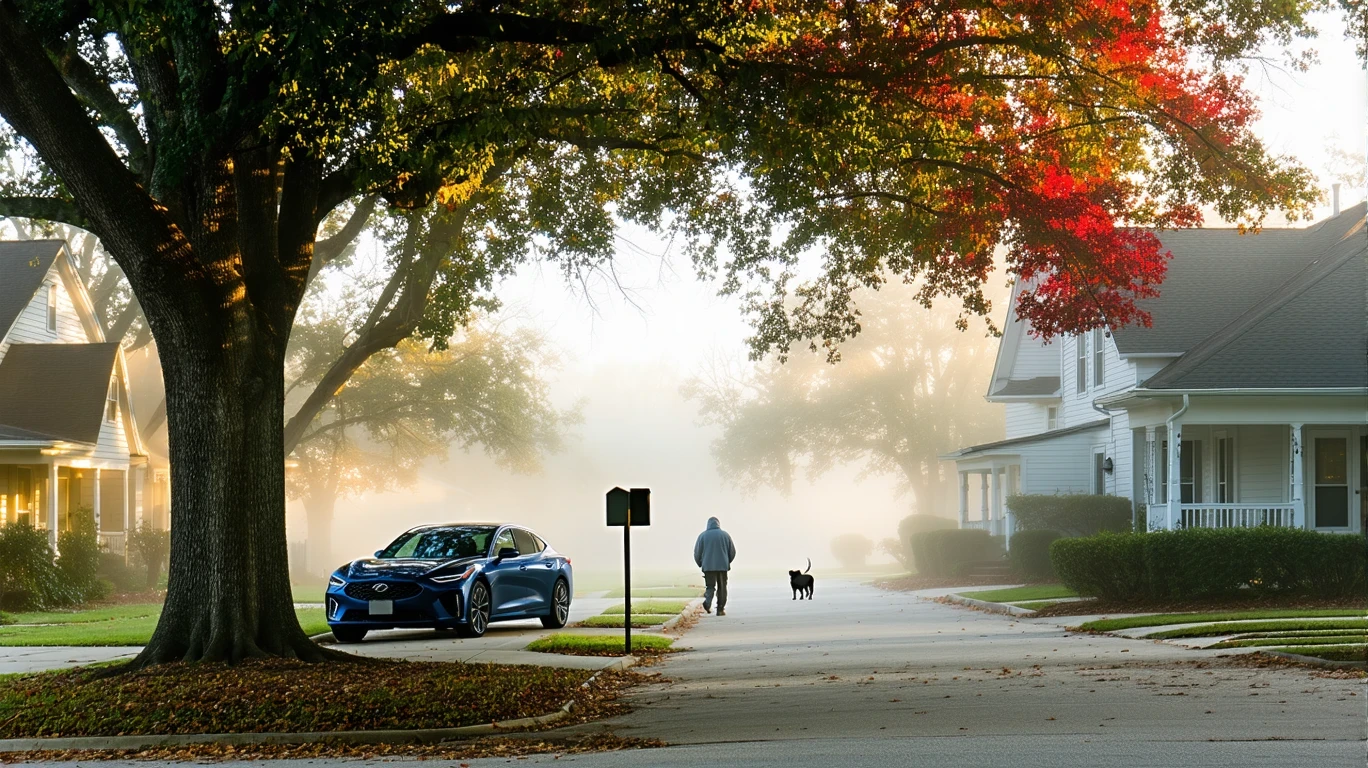 A foggy morning street in a neighborhood with houses, a parked car, and a person walking a dog in the distance.