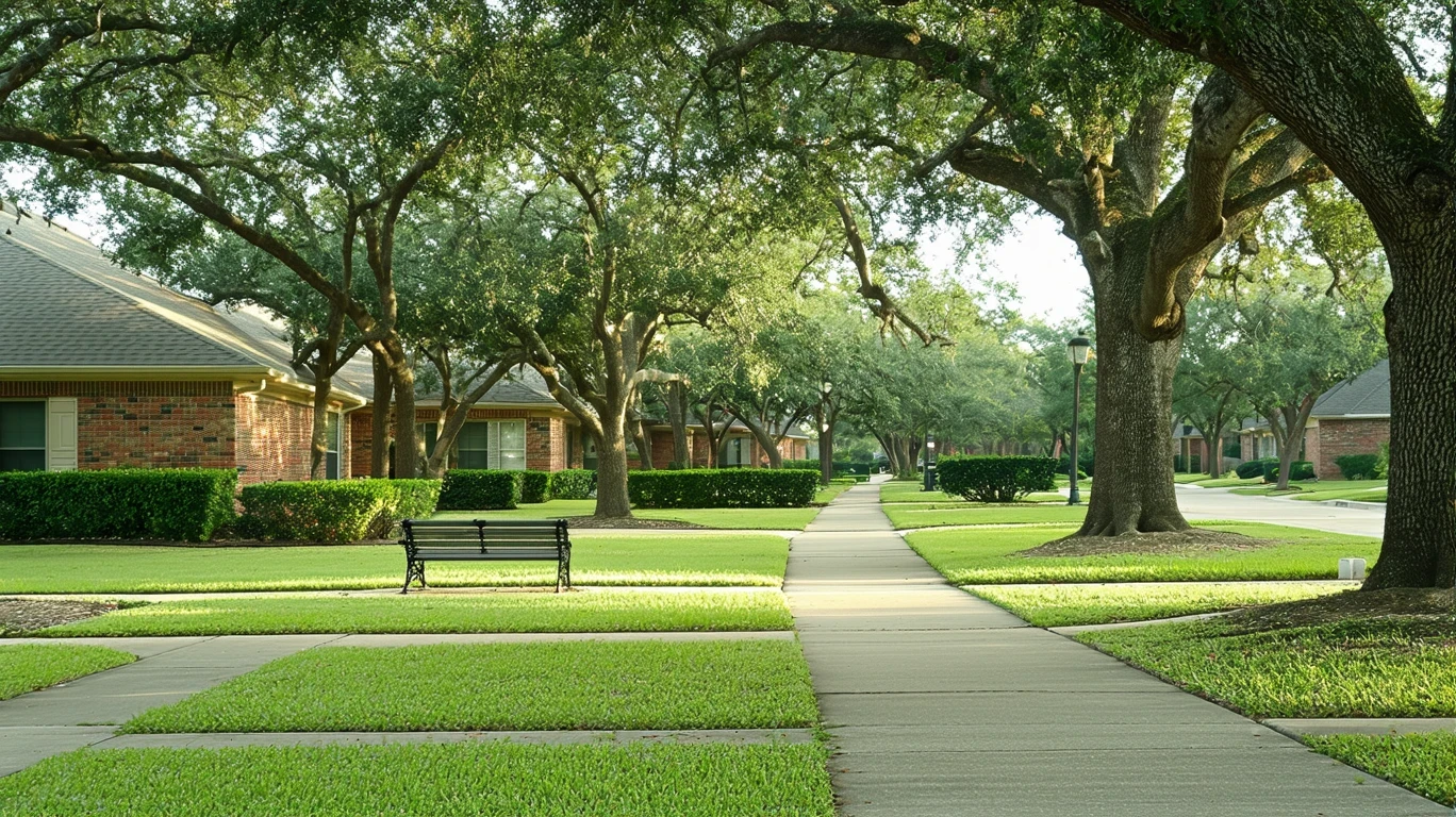 A view across the street of a suburban neighborhood park with a bench, sidewalk, hedges and glimpses of homes on a sunny day.