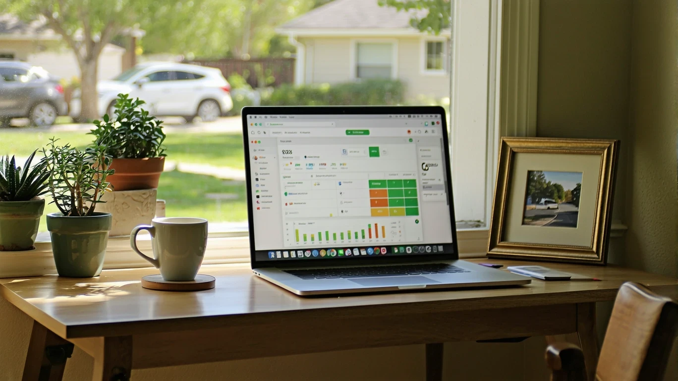 Home office desk with laptop open to budgeting app and coffee mug.