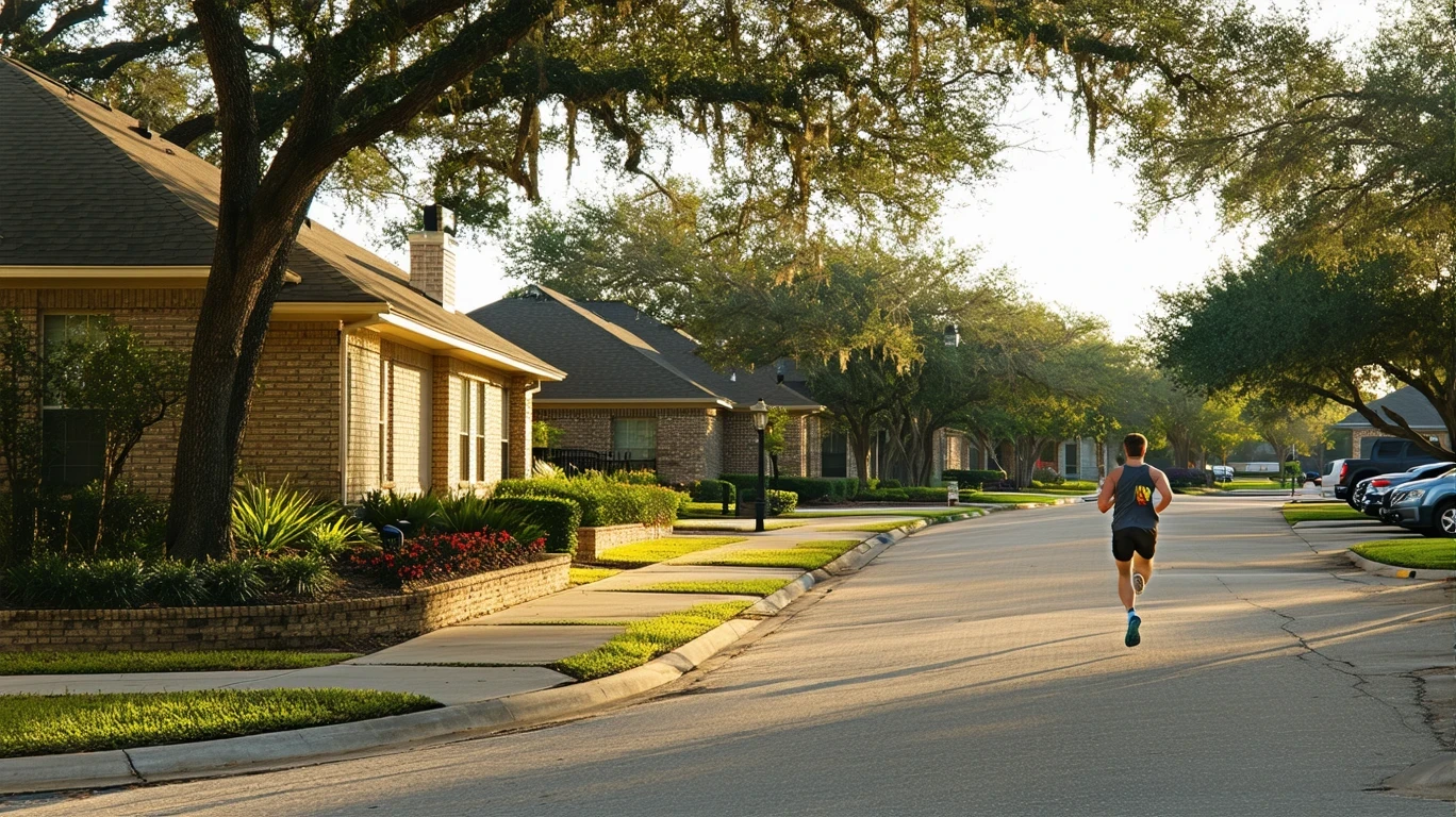 Suburban cul-de-sac in Live Oak, TX with brick homes and native landscaping on a sunny morning.