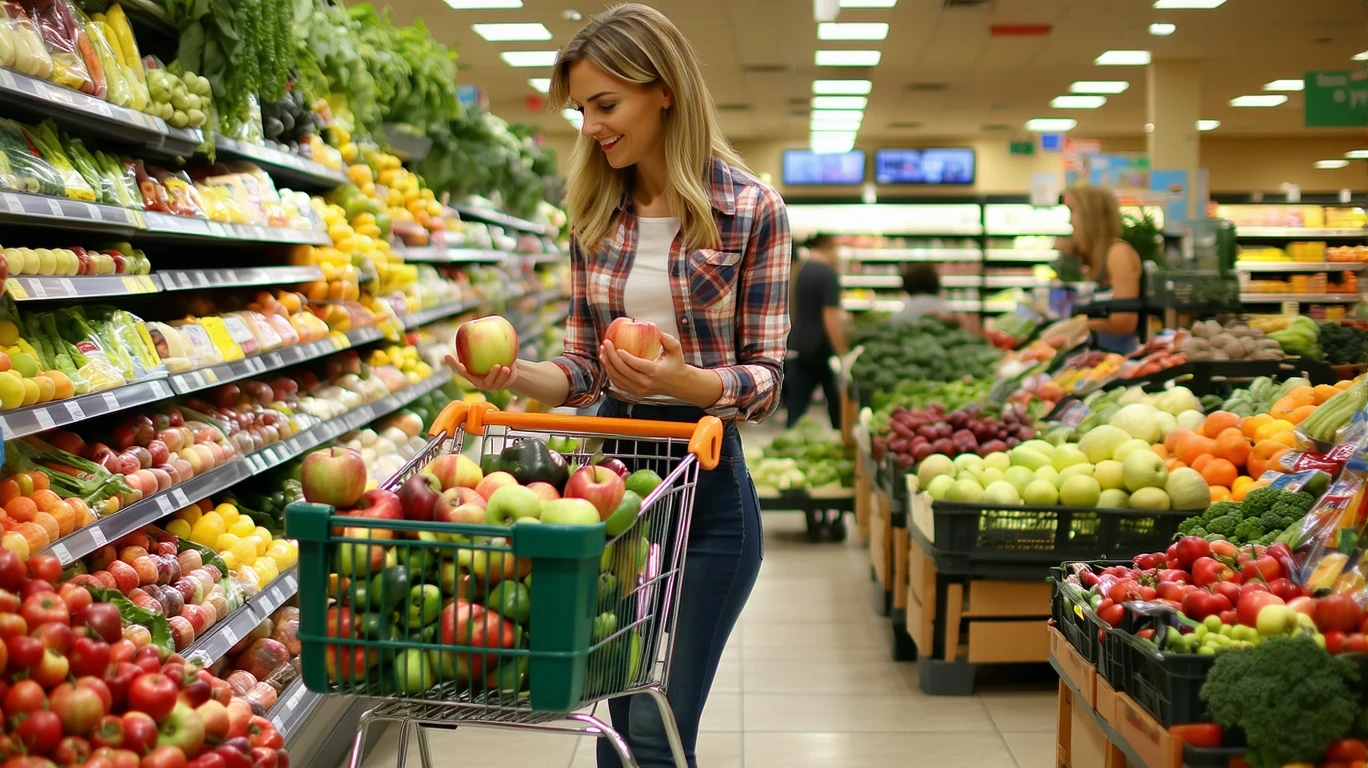 A woman comparing apple prices in the produce section of a grocery store, with a basket of fresh vegetables and fruit.