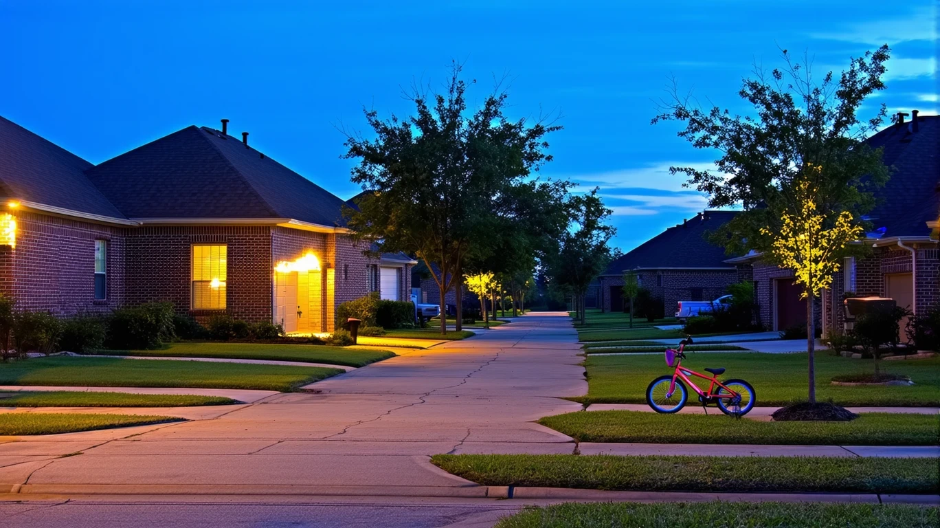 A quiet cul-de-sac in Manor, TX at dusk with porch lights illuminating well-kept homes and a child's bicycle near the curb.