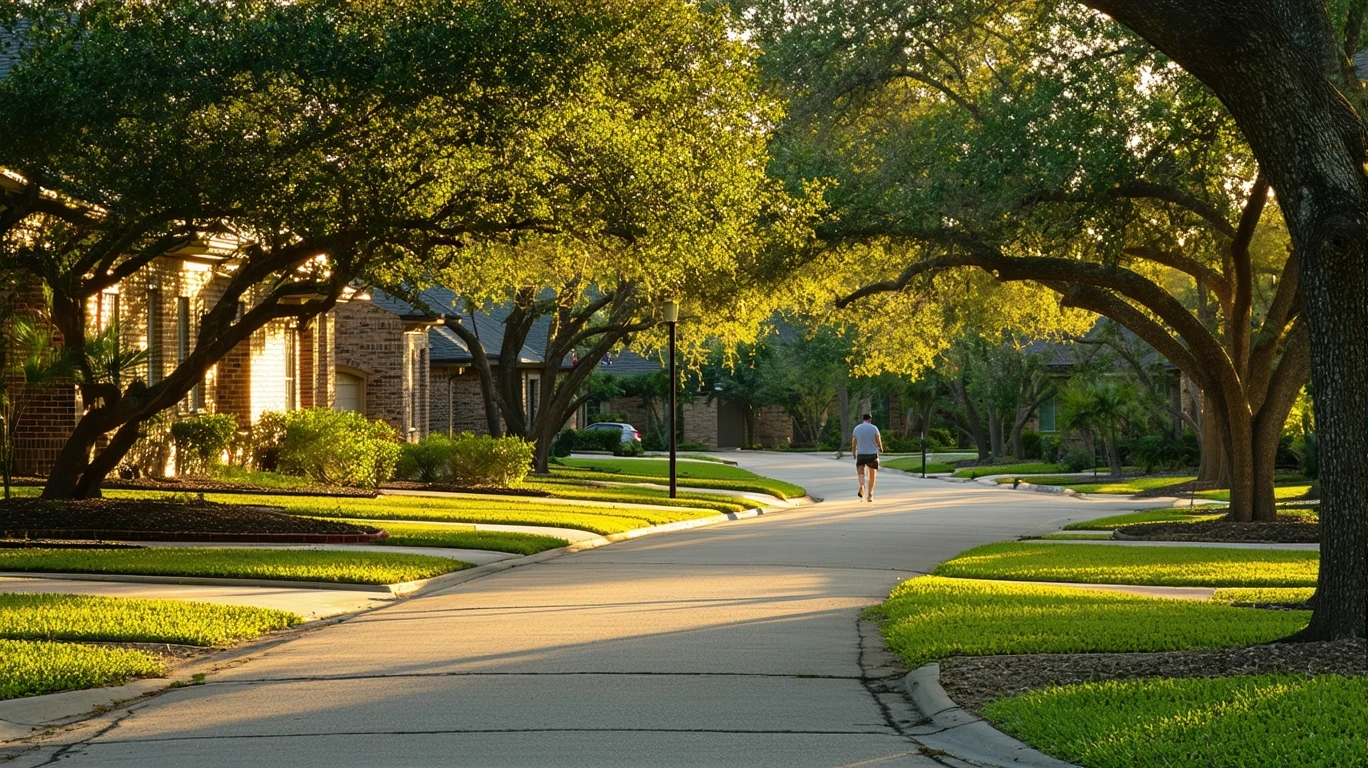 A tree-lined sidewalk curving through a suburban neighborhood with glimpses of homes.