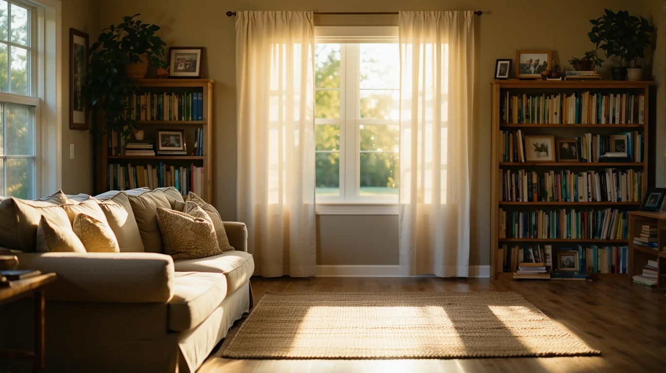 A sunlit living room with a couch and bookshelf in a suburban home.