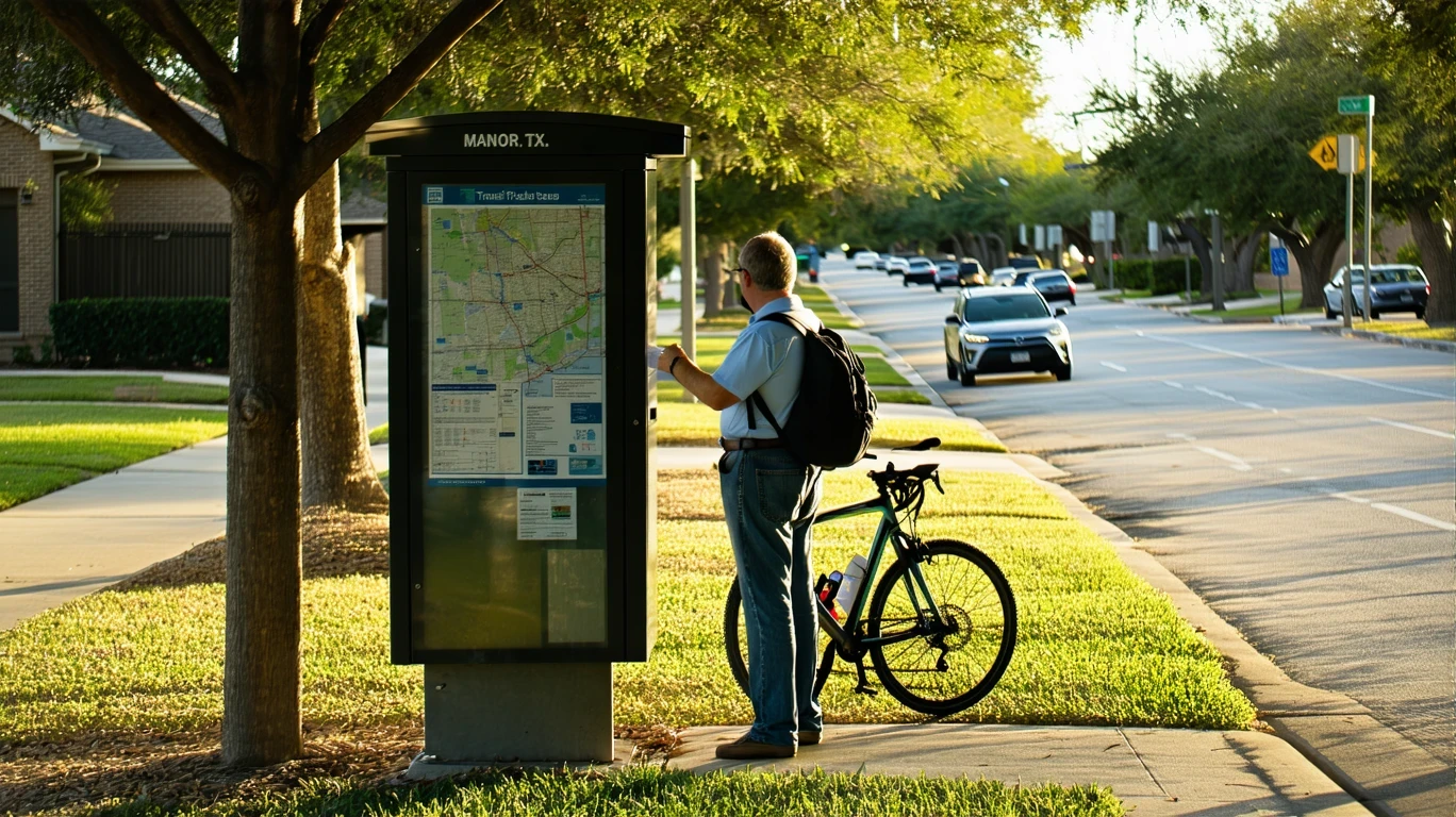 A person reading a transit map at a kiosk with their bike, on a suburban sidewalk.
