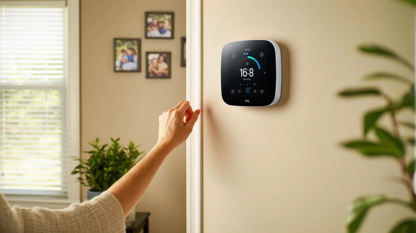 A hand reaching to adjust a smart thermostat mounted in a hallway.