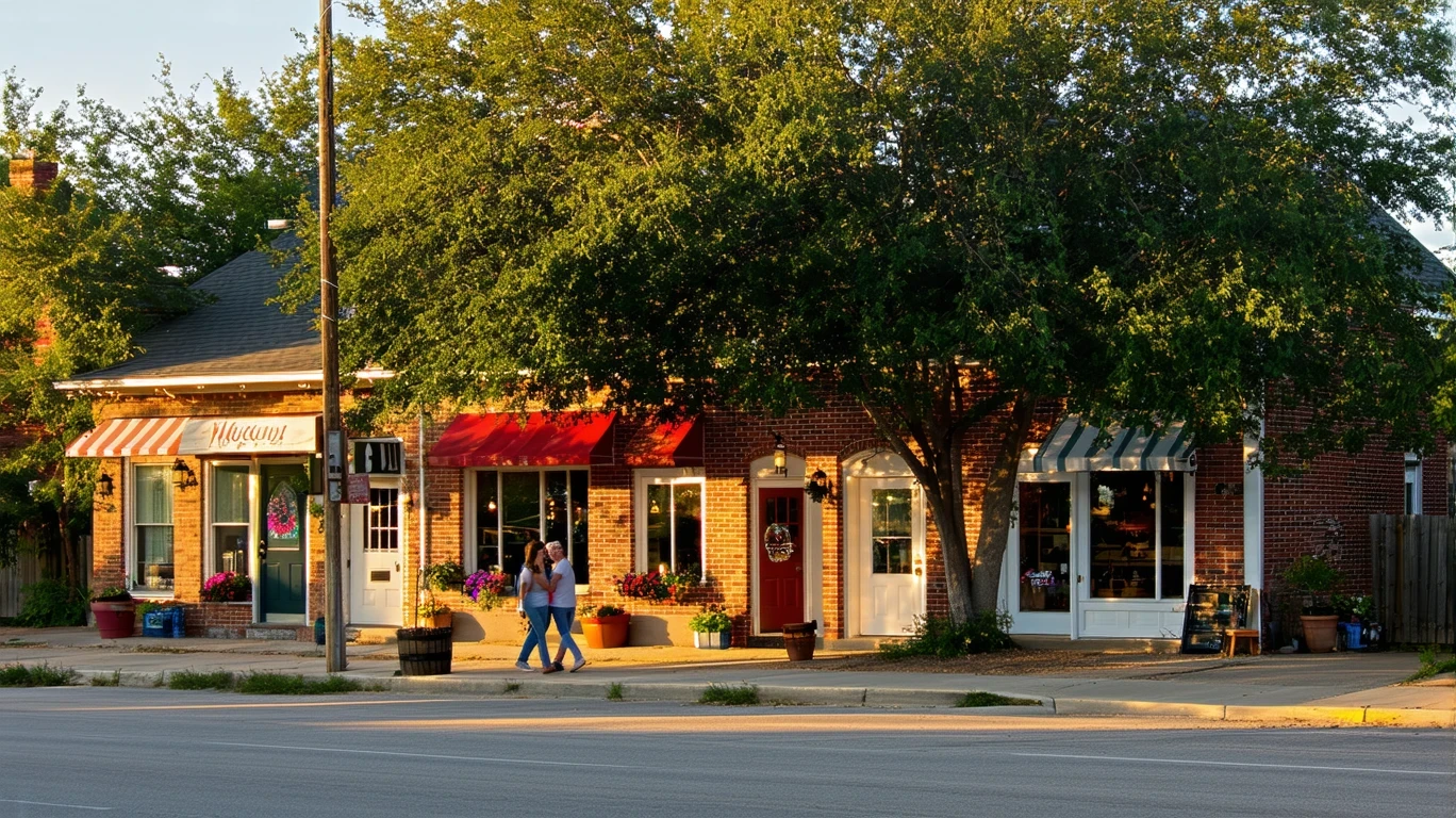 A quiet street in Manor, Texas with local shops and homes at sunset.