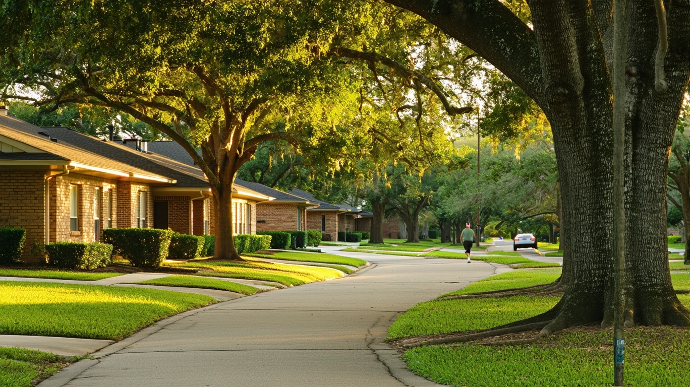 A tree-lined suburban street in Manor, Texas with tidy homes visible through the foliage.