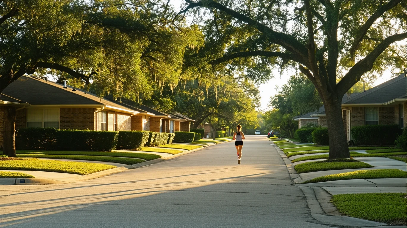 Residential street in Manor, TX with one-story homes and large trees casting long shadows in the early morning light. A single jogger is visible in the distance.