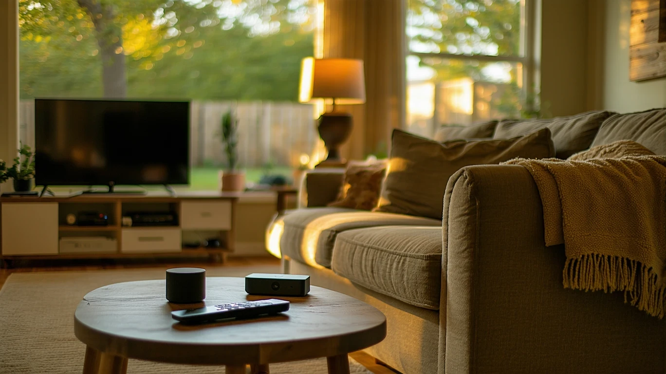 A side table with streaming remotes and a smart speaker next to a couch in a cozy living room.