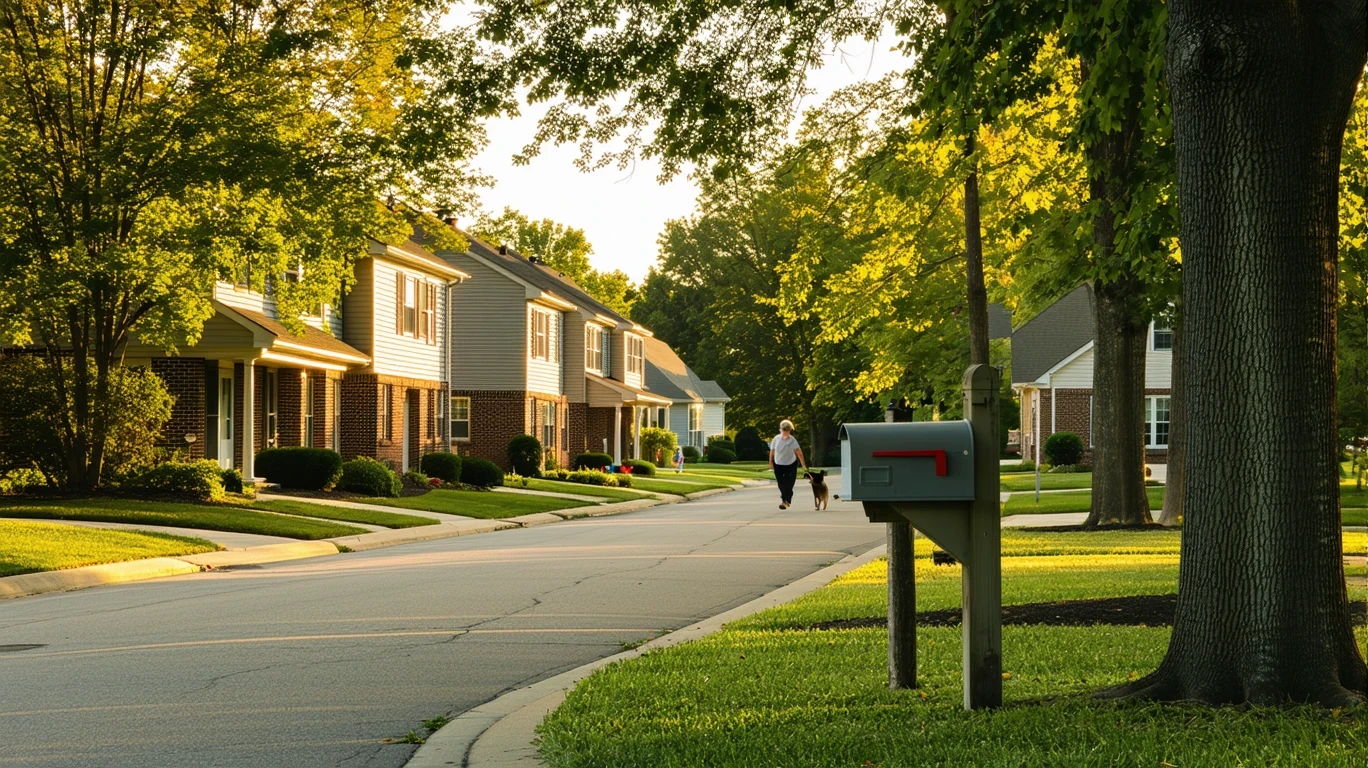A tree-lined suburban street in Mason, Ohio with mailboxes and a person walking a dog in the distance.