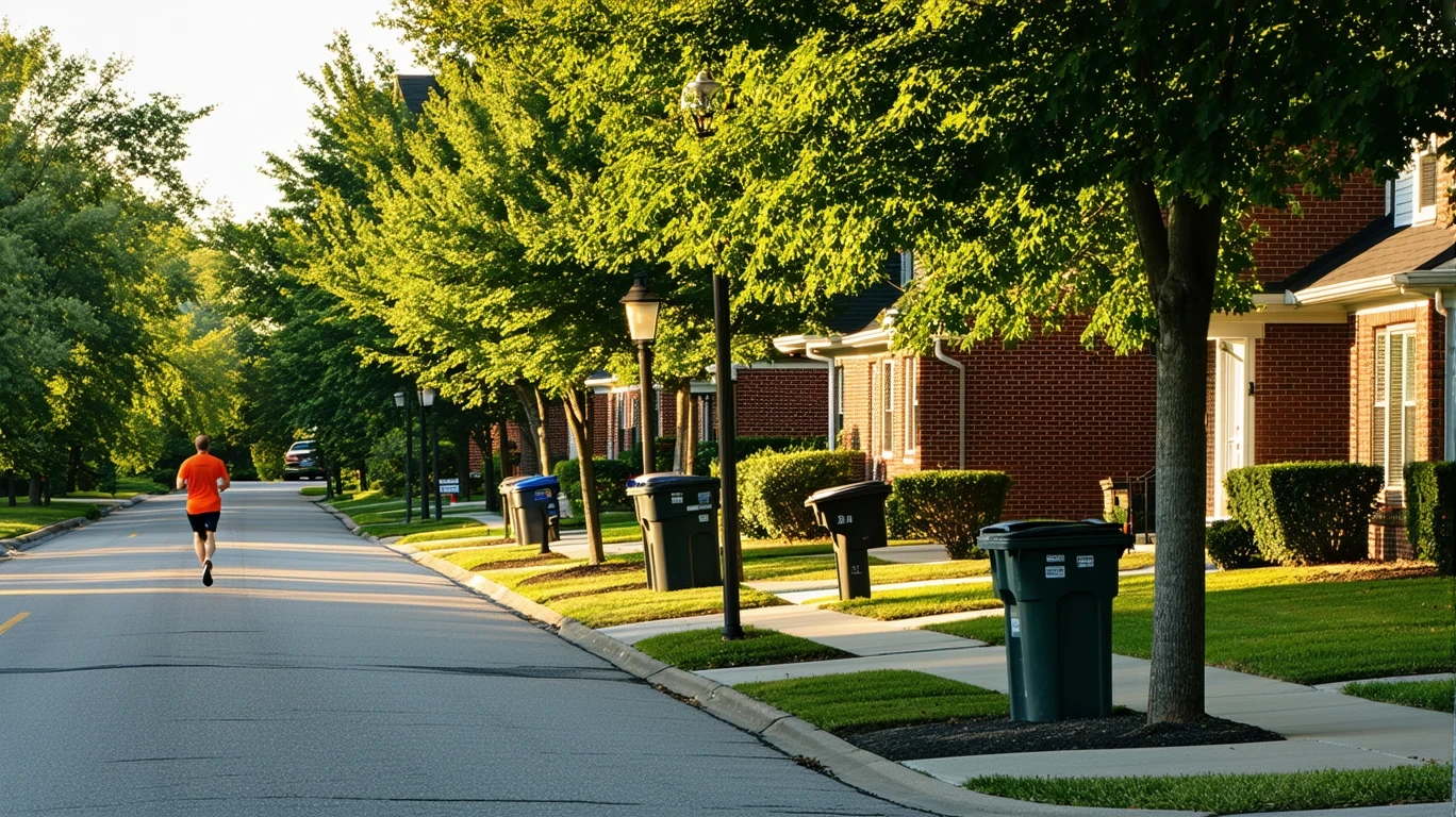 A suburban street in Mason, Ohio lined with red-brick homes and trees, with a jogger running past trash bins on the curb.