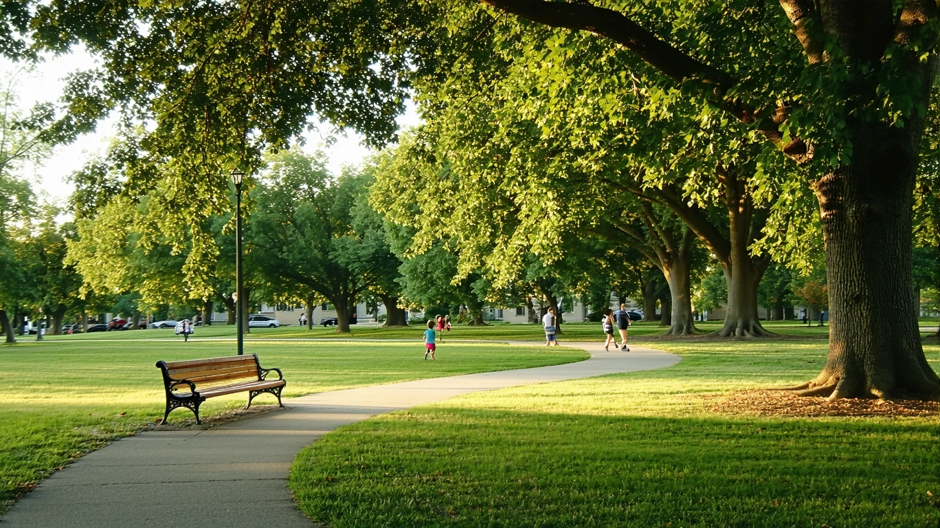 A public park in Fairfield, Ohio with expansive grass, oak trees, benches, and a family walking on a path in afternoon light.