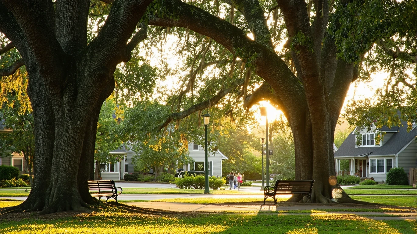 A suburban park with oak trees, empty benches, and golden hour light on the grass. Neat homes are visible in the background.