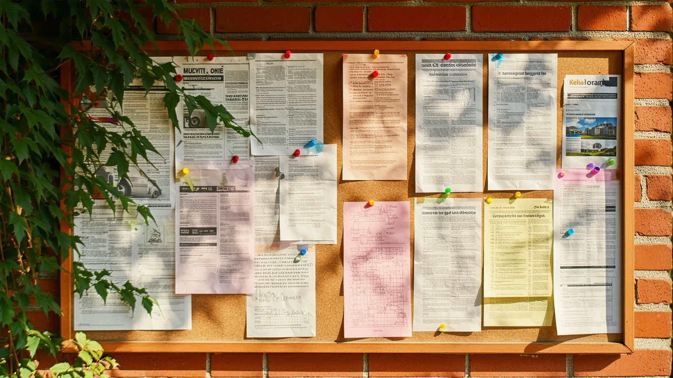 A community corkboard on a brick wall with event flyers and bus schedules pinned.