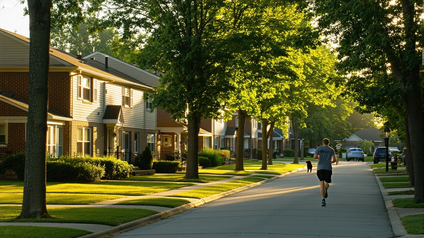 A tree-lined residential street in Mason, OH with one-story homes and a person walking in the distance, early on a summer morning.