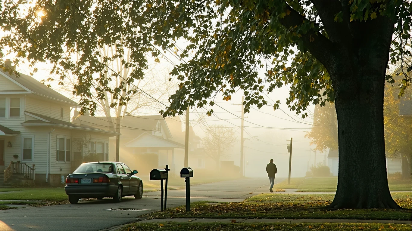 A foggy morning street in a Midwestern suburb with houses and a parked car under a maple tree.