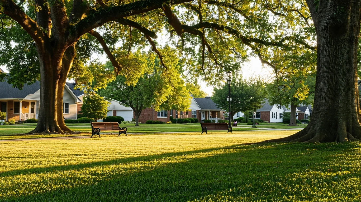 A quiet suburban park in Mason, Ohio with empty benches beneath old oak trees in golden hour light.
