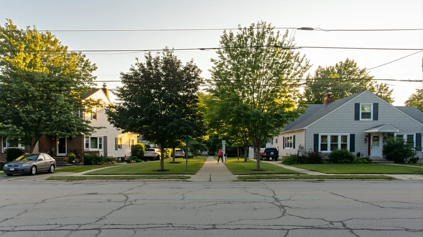 A quiet residential street corner in Mason, Ohio with modest homes and an older car parked on the curb.