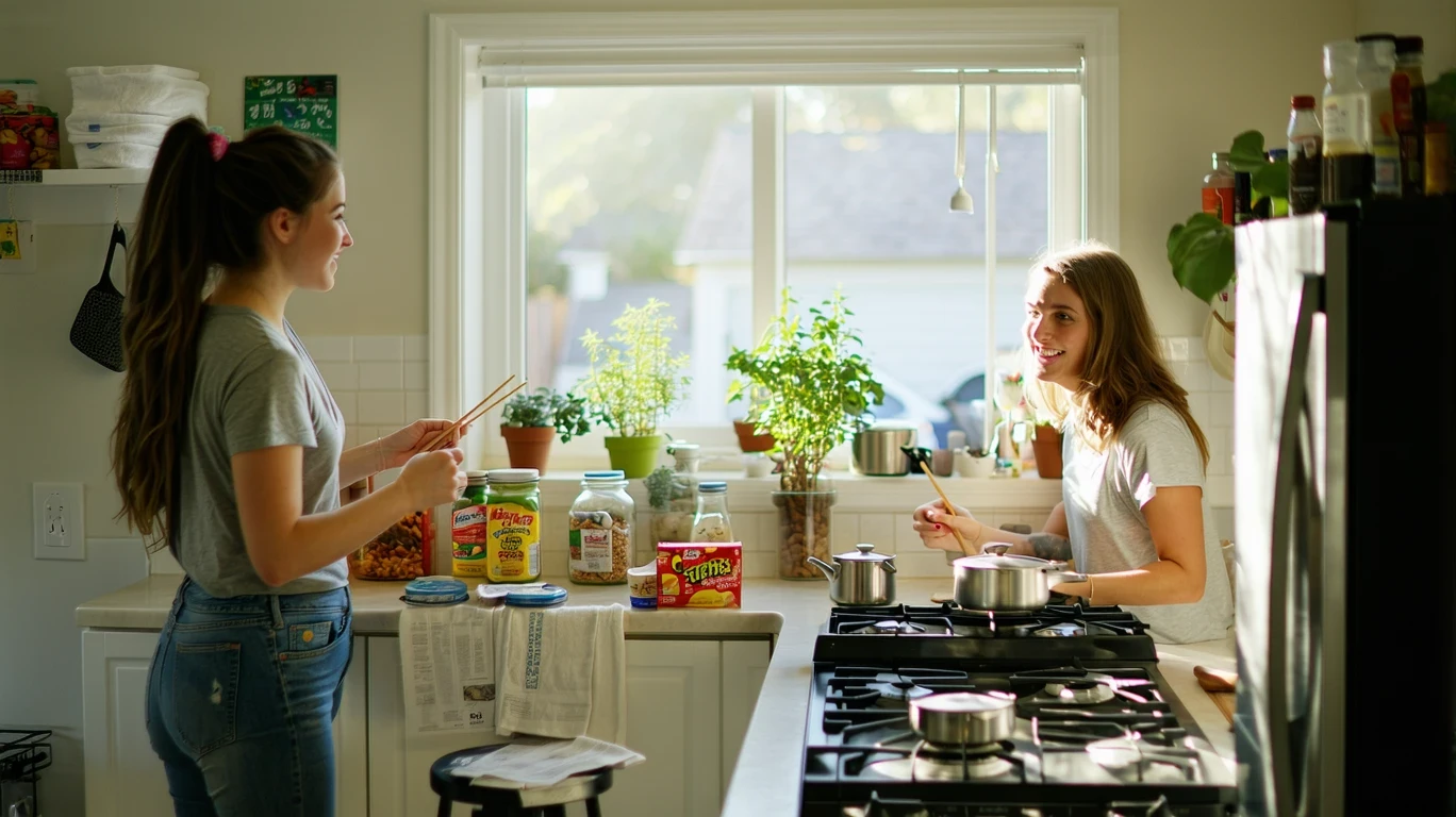 Two young women chatting in a small, sunlit apartment kitchen with takeout containers and receipts on the counter.