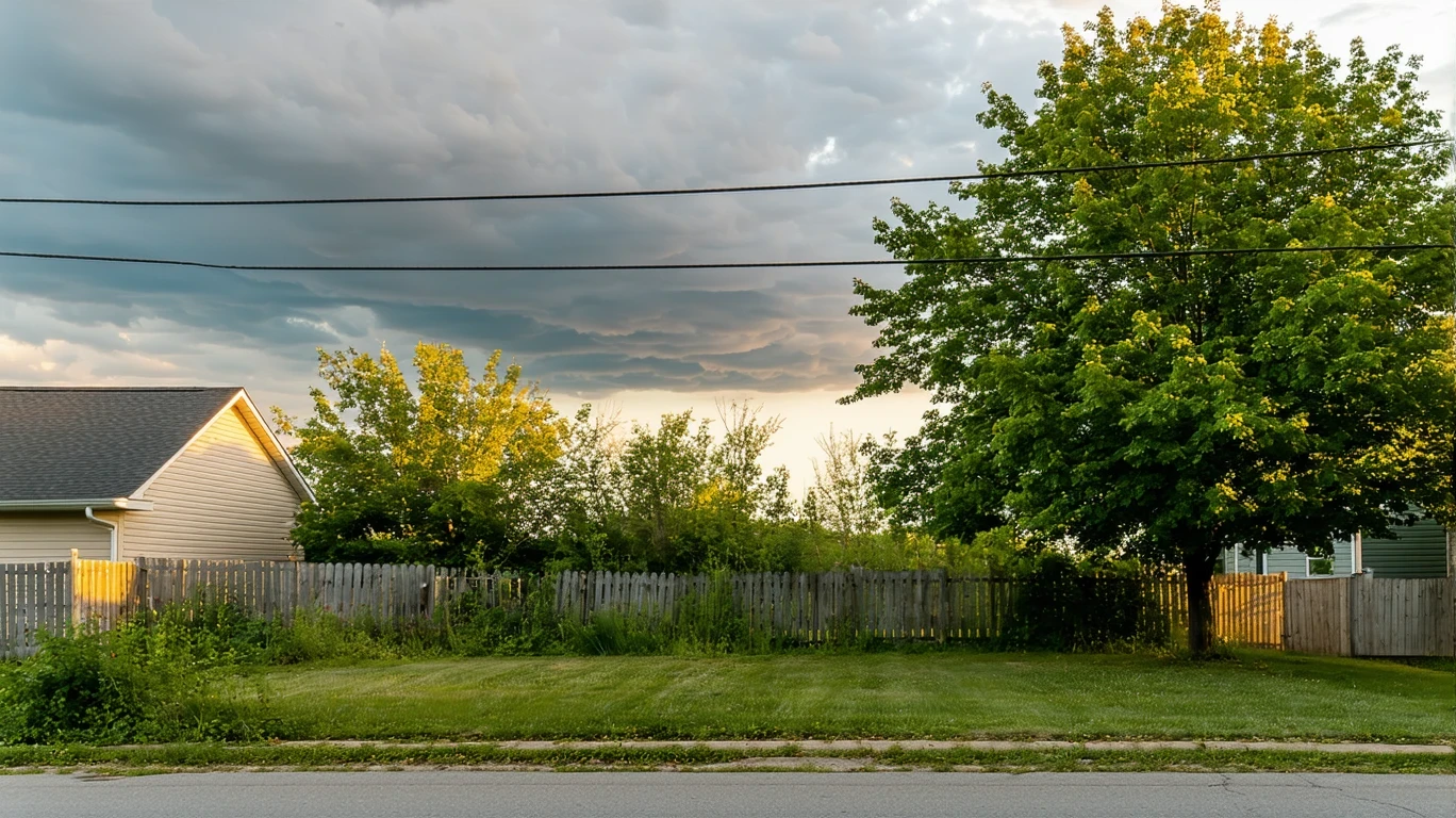 A view of an unkempt backyard with overgrown grass, a leaning fence, and power lines under a cloudy sky.