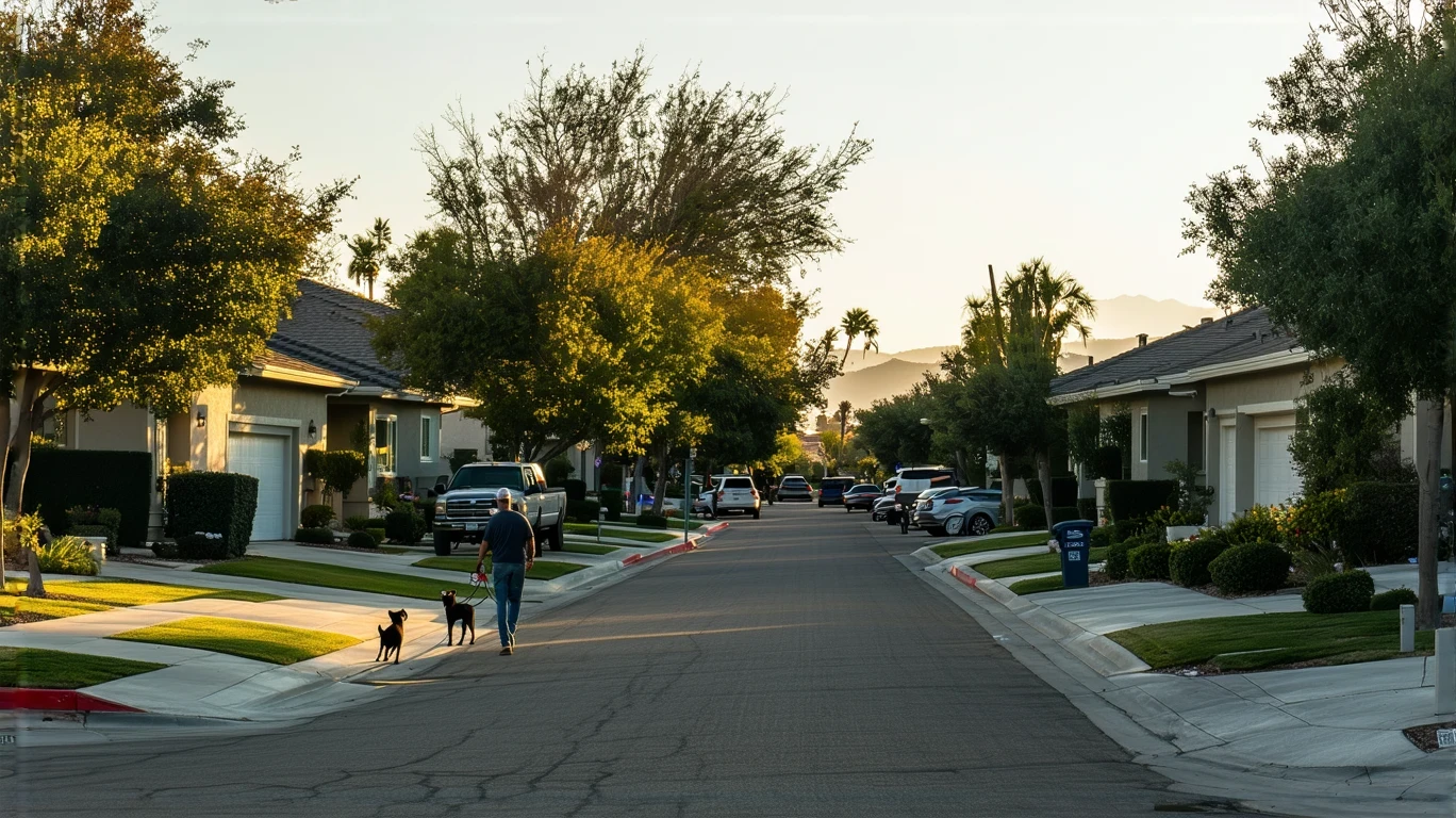 A peaceful residential street in Menifee, California at sunrise, with modest one-story homes, parked cars, and a man walking his dog on the sidewalk.