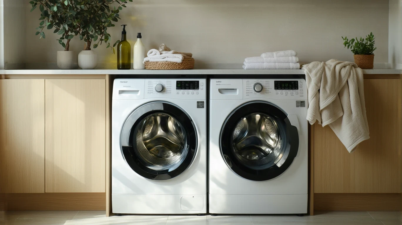 Top-loading washing machine running with detergent bottle on shelf above