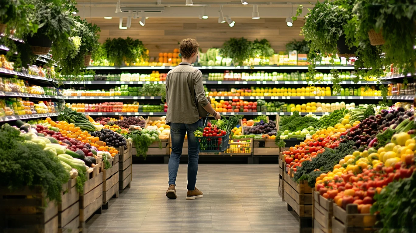 A shopper comparing prices on fresh produce in a grocery store aisle, holding a basket of healthy vegetables and fruit.